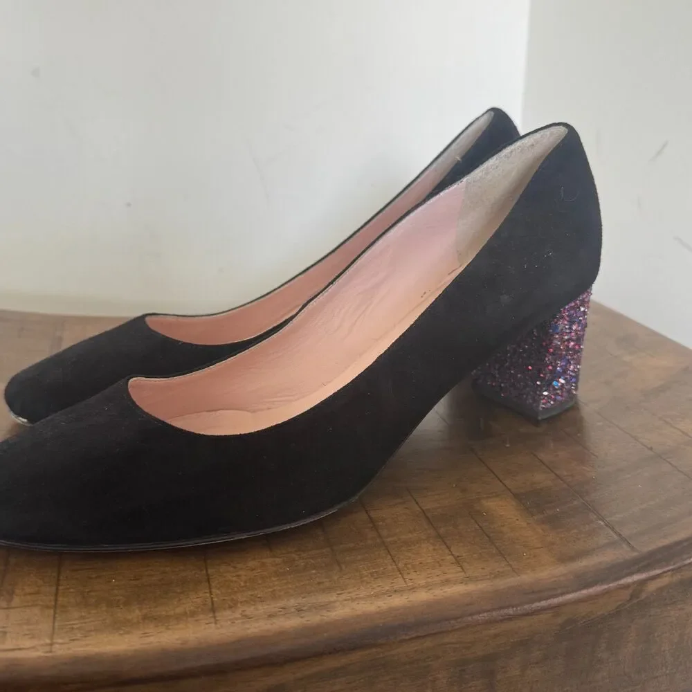 Kate Spade Made in Italy Black Suede Pumps Women's 10M Glitter Block Heels